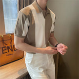 mens outfits Korean Style Summer Ice Silk Short Sleeve Gradient Color Matching Men's Polo Shirt Casual Striped Contrast Color Lapel Trendy Breathable Knitted