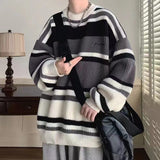 frat outfits Striped round Neck Sweater Men's Autumn and Winter Loose Lazy Style Couple Wear Thickened Sweater Top Men's