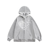 grunge dti American Retro Bow Lace Stitching Gray Casual Hooded Sweater Men's and Women's Loose Zipper Cardigan Jacket