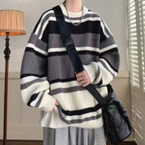 frat outfits Striped round Neck Sweater Men's Autumn and Winter Loose Lazy Style Couple Wear Thickened Sweater Top Men's