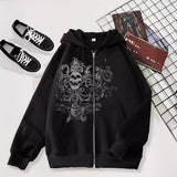 Xituodai grunge dti 2024 New Cardigan Sweater Dark Skull Casual American Zipper Men's Style Hoodie Black Trendy Black Coat