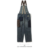 Xituodai Japanese-Style Retro Men's and Women's Contrast Color Sling Overalls with Pants