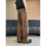 grunge outfits Wenlimei Retro Brown Overalls Men's Autumn Multi-Pocket Wide-Leg Casual Pants Outdoor Versatile Sports