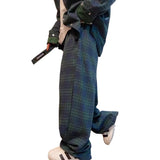 90s fashion Autumn New Loose Couple's Retro Green Plaid Wide-Leg Pants Men's Casual Lazy Straight Casual Pants Fashion