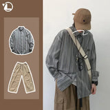 Xituodai College Retro Men  Two-piece Japanese Casual Set Loose Striped Shirt+large Pocket Drawstring Wide Leg Pants New Unisex Suit