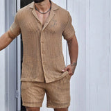 Xituodai  Leisure Breathable Hollow Out Beach Two Piece Sets Men Summer Short Sleeve Shirts And Shorts Mens Mesh Outfits New Casual Suits