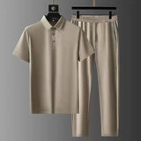 Xituodai Black Summer New Men's Sets , Dark gray Thin Quick-drying Suit Casual Polo Shirt Elastic Loose Trousers, Fashion 2 Piece Set