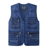 Xituodai Men's Denim Vest Jacket Dark Blue Black Sleeveless Truck Driver Cyclist   Multi-pocket Zipper