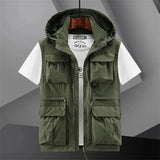 Xituodai Hooded Vest Men's Multi-Pocket Loose Workwear Sleeveless Jacket Men Hiking Fishing Reporter Cargo Tool Waistcoat Big Size 6XL