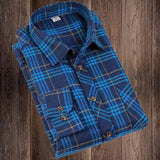 Xituodai Men's Single Patch Pocket Fashion Brushed Flannel Plaid Striped Shirts Comfortable Cotton Long Sleeve Standard-fit Shirt B225