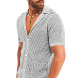 Xituodai  Sexy See Through Hollow Out Mesh Knit Two Piece Suits Men Summer Fashion Short Sleeve Shirts And Shorts Sets Mens Outfits Beach