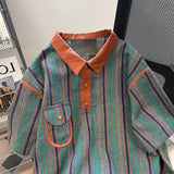 Xituodai 2024 New Summer Hong Kong Style Niche Trendy Brand Casual Loose Oversized Lapel Contrasting Stripes Short Sleeved Polo Shirt Top