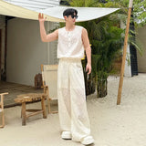 Xituodai Men's Set Summer New Two-piece Cotton Thread Embroidery Vest Wide Leg Pants Hig Street Male Sleeveless T-shirt Suit 2024