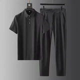 Xituodai Black Summer New Men's Sets , Dark gray Thin Quick-drying Suit Casual Polo Shirt Elastic Loose Trousers, Fashion 2 Piece Set