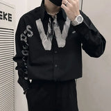 Xituodai American Men's Autumn New Spliced Square Collar Button Printed Letters Fashion Loose Minimalist Casual Long Sleeve Shirts