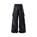 Xituodai RO Style Glossy Black Pu Leather Pants for Men High Street Y2k Pantalones Hombre Baggy Overall Wide Leg Drawstring Cargos