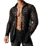 Xituodai Vintage Mens Embroidery Mesh Shirts Sexy See Through Hollow Out Breathable Lace Shirt Men Nightclub Fashion Long Sleeve Mesh Top