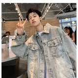 New Vintage Wash Bomber Denim Jacket Mens Double Pockets Street Hip-hop Cowboy Coat Trend Streetwear Loose Lapel Jean Outwear