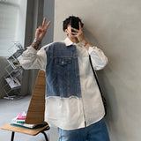 Xituodai Denim Patchwork White Shirt Men Lapel Long Sleeve Button Loose Tops Spring Autumn Fashion Vintage Shirts Streetwear Male