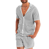 Xituodai  Sexy See Through Hollow Out Mesh Knit Two Piece Suits Men Summer Fashion Short Sleeve Shirts And Shorts Sets Mens Outfits Beach