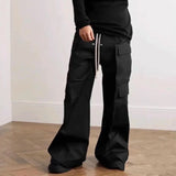 Xituodai Ro Style Wide Leg Drawstring Black Cargo Pants Unisex Straight Baggy Casual Overalls Men's Streetwear Loose Oversized Trousers