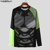 Xituodai 2024  Irregular Lines Colorblock Tops Men Casual Long Sleeve T-shirts Well Fitting Long Sleeved Tees Round Neck Sexy Tops