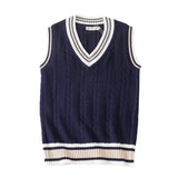 Xituodai Sweater Vest Men Thicken V-neck Sleeveless Knitted Sweaters Vests Striped Retro Preppy-style Simple Chic Loose Casual All-match