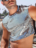 Xituodai Fashion Men Tank Tops Patchwork Shiny O-neck Sleeveless Crop Tops See Through Back Streetwear Party Nightclub Vests Men