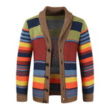 Xituodai Men  Wintern outfits Trendy Mens Knitted Cardigans 2025 Spring Casual Button-up Lapel Sweatercoats Men Vintage Rainbow Striped Sweater Jacket Coats Xituodai Men  Wintern outfits