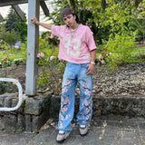 Xituodai 2024 American Retro Jeans Hip Hop Cherry Blossom Print Pattern Goth Casual Wide Leg Pants Streetwear Y2K Harajuku Denim Pants