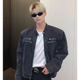 Xituodai Motorcycle Washed Denim Jacket Men American Street Hip Hop Metal Design Distressed Coat Zipper Pocket Loose Jeans Jacket Unisex