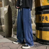Xituodai Korean Fashion Men's Baggy Jeans Elastic Waist  Classic olid Color Straight-leg Denim Wide-leg Pants Male Light Blue Grey Black
