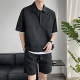 Xituodai Men's Summer Polo Shirt Two Piece Set Buttons Pullover Casual Cargo Sports Summer Tracksuit Fashion Short-sleeved +Shorts Suit