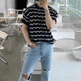 Xituodai Trendy Striped Jacquard Mens T Shirts Knitted O Neck Short Sleeve Hollow Out Knit T-shirts Summer Fashion Slim Men Knitted Tees Xituodai