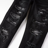 Xituodai Men Pleated Patch Biker Jeans Streetwear Skinny Tapered Stretch Denim Pants Ripped Patchwork Black Trousers