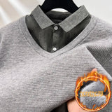 Xituodai Fleece-lined Thickened, Men's Business Casual Shirt Collar Pullover, Knit Sweater with Woven Shirt Collar and Knit Body