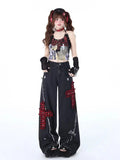 Xituodai Sagging Pants American style new cross embroidered design wide leg jeans for women retro Harajuku high waisted loose fit slimming floor pants