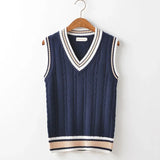 Xituodai Sweater Vest Men Thicken V-neck Sleeveless Knitted Sweaters Vests Striped Retro Preppy-style Simple Chic Loose Casual All-match