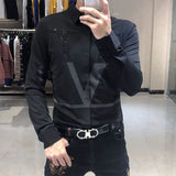 Xituodai Spring Autumn Personality Diamonds Letter Printing Shirt Hombre Long Sleeve Casual Fashion All-match Bottoming Blouse Men Top