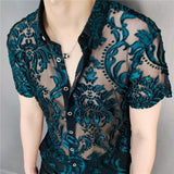 Xituodai Transparent Blue Floral Shirt Masculine Soft Velvet Slim-fit Men's Clothing Nightclub Short-sleeved Sexy Shirt See Through