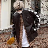 Xituodai American Retro Set Men Striped Patchwork Motorcycle Leather Jacket+High Street Multi Pocket Overalls Suit Y2k Male Two-piece Set