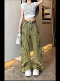 Xituodai American New Vintage Old Multi-pocket Tooling Jeans Female Y2K Harajuku Style Fashion Embroidery Baggy Slim Wide Leg Mop Pants