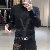 Xituodai Spring Autumn Personality Diamonds Letter Printing Shirt Hombre Long Sleeve Casual Fashion All-match Bottoming Blouse Men Top