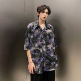 Xituodai Summer Floral Printing Short Sleeve Shirts Men Fashion Casual Loose Shirt Korean Street Style Ice Silk Cool Blouse Mens Shirt