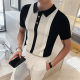 Xituodai 2024 Vintage POLO Shirt Men Stripe Patchwork Knitting Casual Lapel Pullover Summer Fashion Men Short Sleeve Slim POLO Shirt 3XL