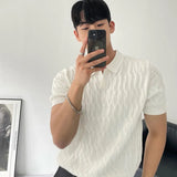 Xituodai 2024 Men's Knitted Jacquard Polo Shirt Casual Stripe V-Neck Solid Color Short Sleeve T-Shirt Breathable Light Luxury Clothing