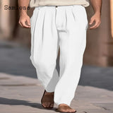 Xituodai 2024 Men Casual Straight Linen Pants Solid Khaki White Stand Pocket Trousers Plus Size Mens Elegant Fashion Sweatpants