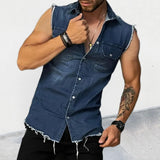 Xituodai Streetwear Mens Fashion Denim Vest Shirts Turn-down Collar Button-up Sleeveless Denim Tank Tops For Men Spring Summer Jean Vest