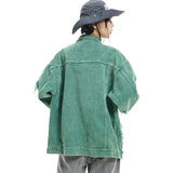 Xituodai Hip Hop Distressed Denim Jacket Men Vintage Harajuku Patchwork Cowboy Coats Streetwear Casual Loose Varsity Jackets Unisex Green