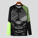 Xituodai 2024  Irregular Lines Colorblock Tops Men Casual Long Sleeve T-shirts Well Fitting Long Sleeved Tees Round Neck Sexy Tops